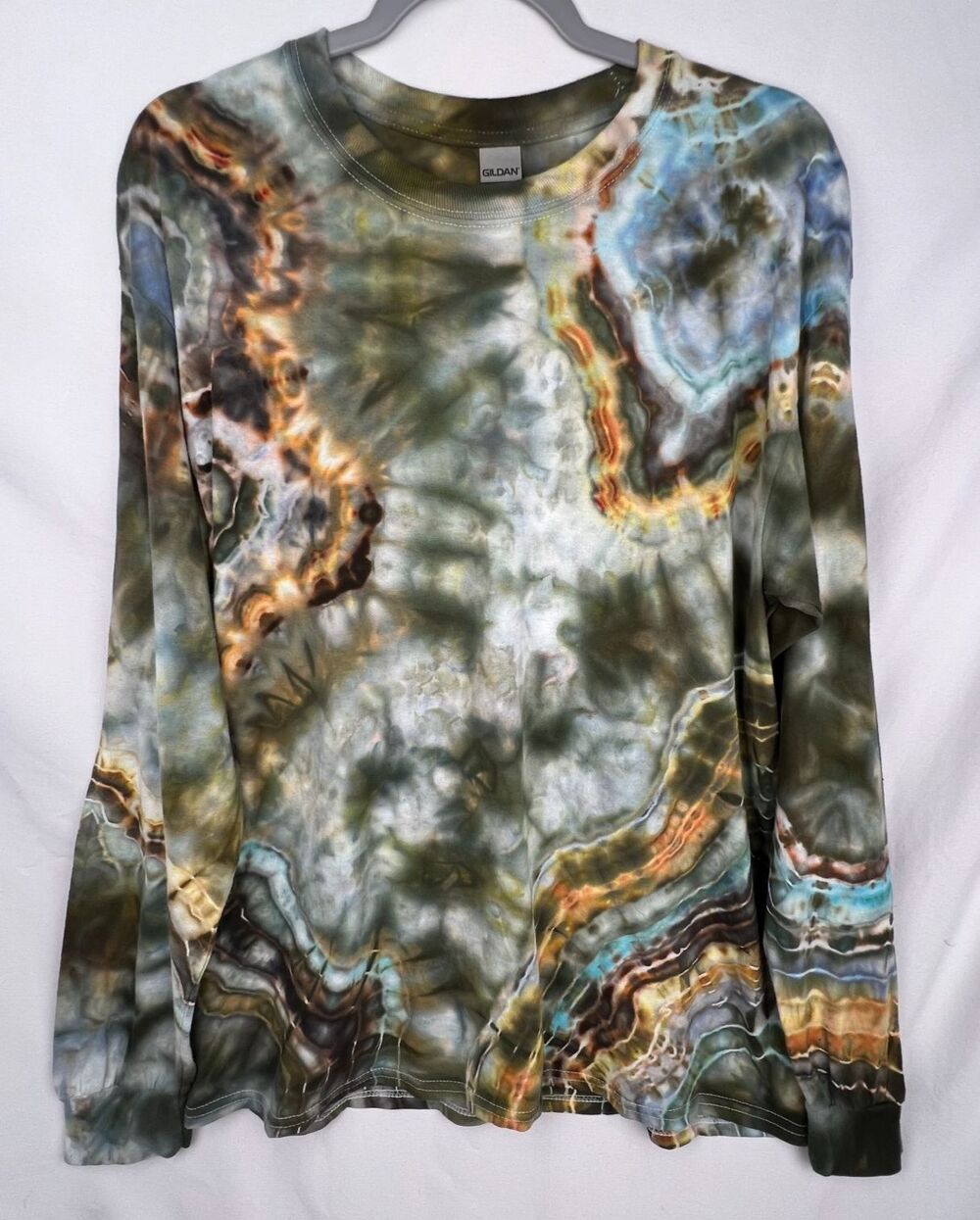 Long Sleeve T-Shirt Unisex Large Geode Agate Ice Tie Dye Green Blue Abstract Tee
